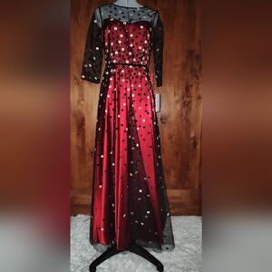 NWT Tahari ASL Black Burgundy Embroidered Mesh Overlay Dress Size 6